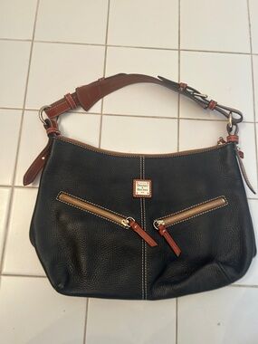 Dooney & Bourke Black Leather Shoulder Bag with Brown Trim